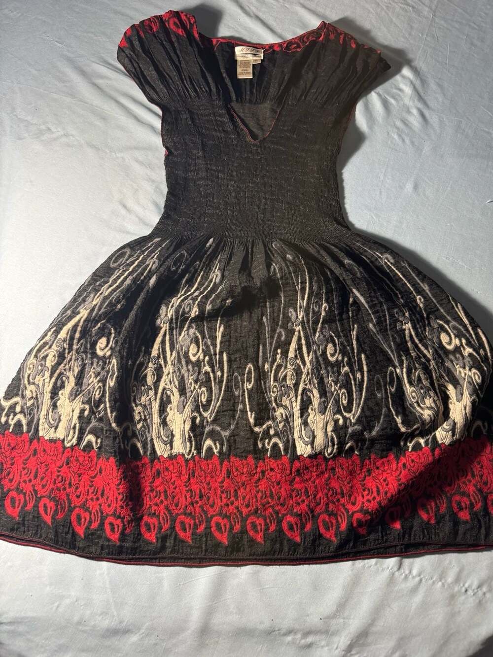 M.S.S.P. Dress Size XL Black Red Jacquard Smocked Fit & Flare